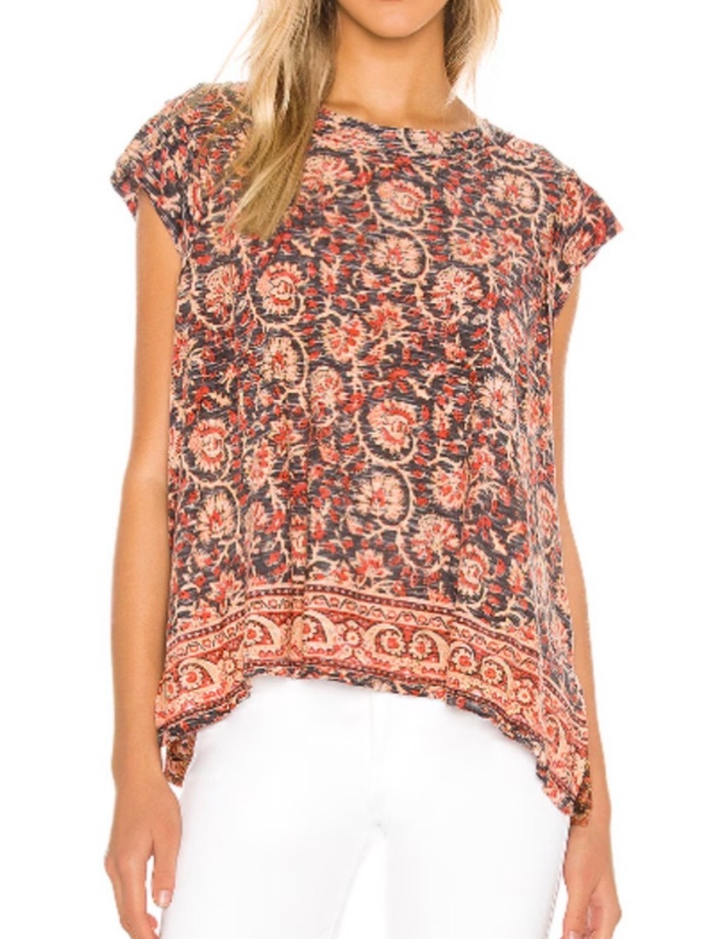 Free People High Tide Boho Floral Medallion TShirt in Burgundy and Cream Size
